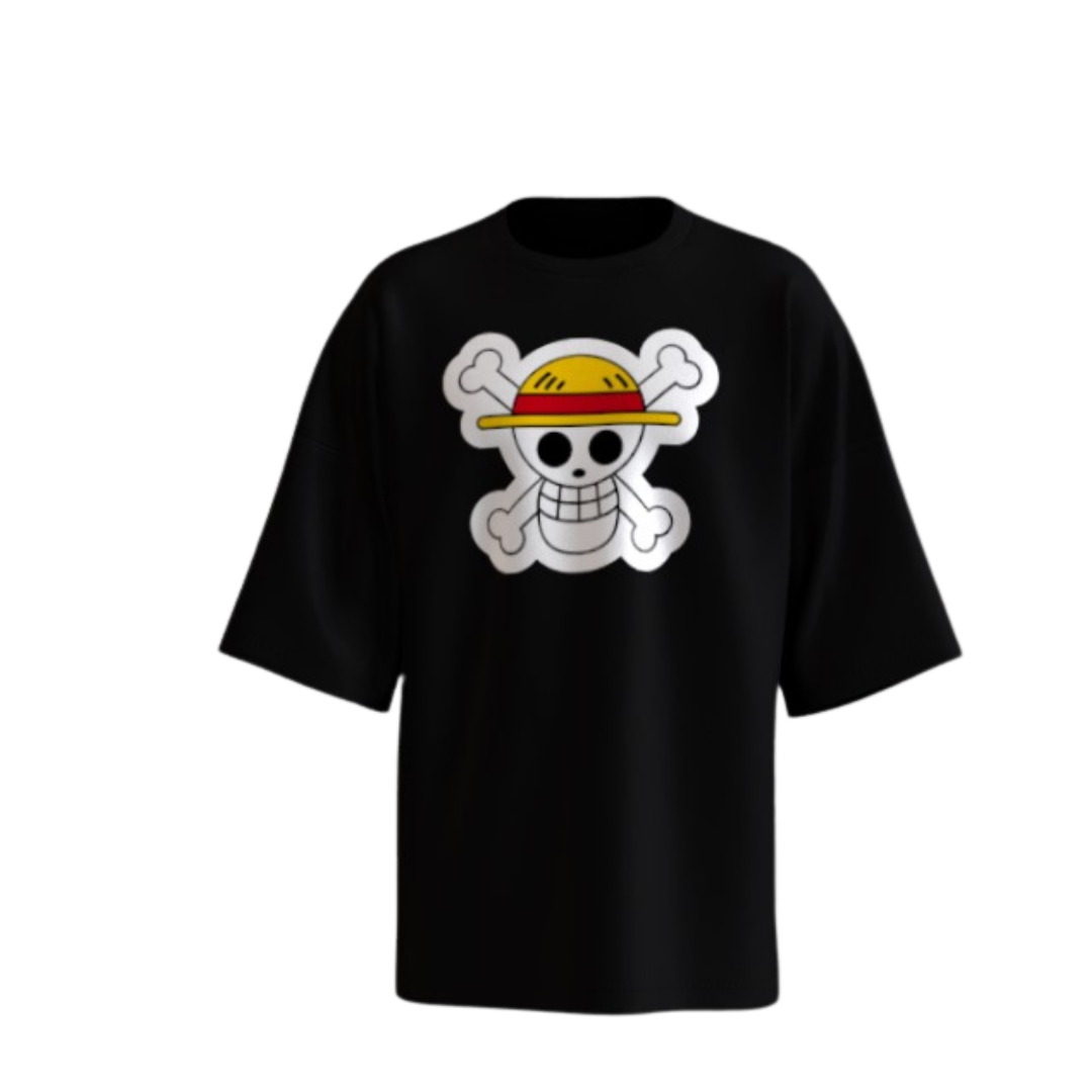 Oversized T-Shirt with Skull and Crossbones Cartoon Print