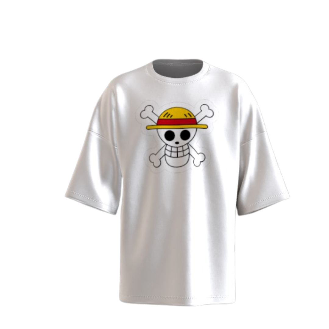Oversized T-Shirt with Skull and Crossbones Cartoon Print