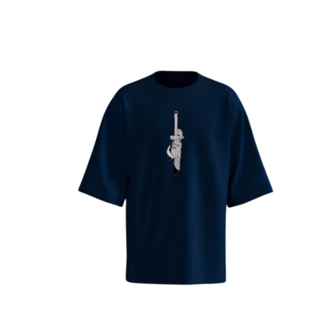 Navy Blue Samurai Sword Minimalist Oversized T-Shirt